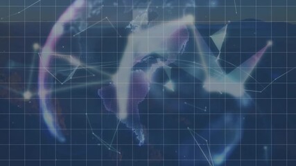 Animation of grid network over globe of plexus network spinning against landscape with mountains - Powered by Adobe