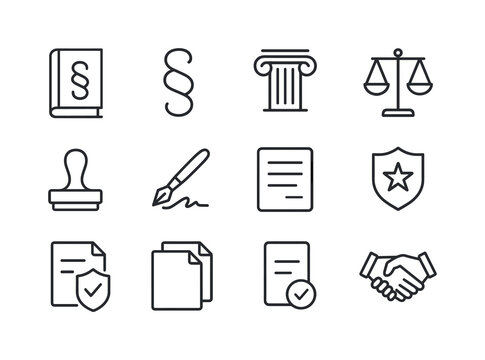 Legal Icon Set. Loan agreement. Line icon set of legal elements: law book, paragraph symbol, courthouse column, scales outline, legal stamp, signature pen,