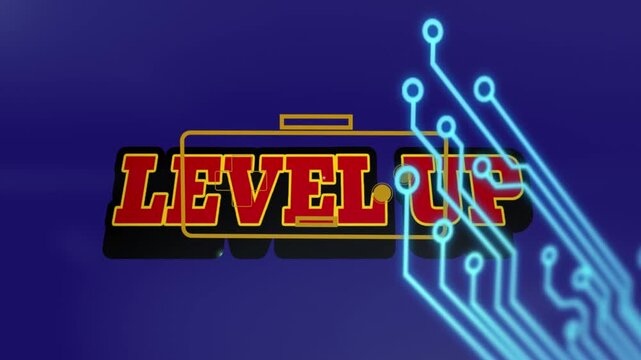 Animation of level up, video game console and circuit board