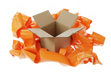 Open cardboard box with orange packing isolated on a transparent background