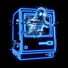 Neon Ghost Emanating from Vintage Computer in Digital Glitch Art