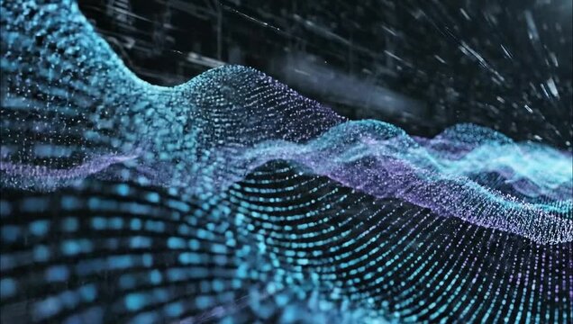 A futuristic digital landscape with a wave of data points flowing across the screen, viewed from a dynamic angle.