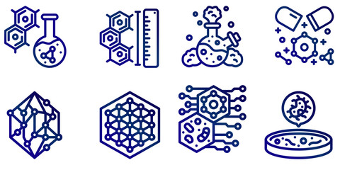Outline icon set featuring science, biotechnology, chemistry, and nanotechnology concepts. Suitable for research, medical, laboratory, and scientific presentations.