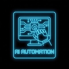 Neon Illustration of AI Automation with Hand on Computer Screen