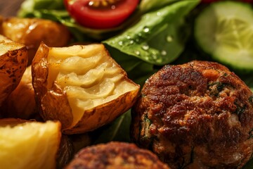 A close-up photograph of golden-brown fried potato accompanied by meatballs