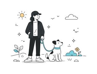 Curious Canine Stroll. Walking the dog pause. Person stopping while the dog looks around curiously. Slow moment and gentle connection with nature. Minimalist