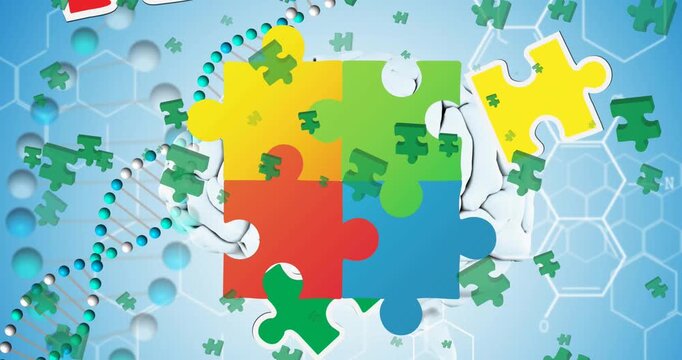 Animations of falling colorful puzzle pieces over blue background