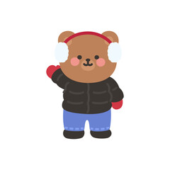 A cute bear waving while bundled in earmuffs gloves jacket and snow pants