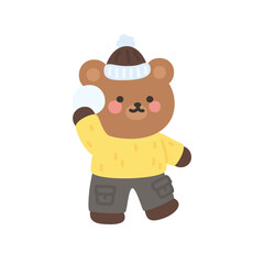 A cute bear preparing to throw a snowball