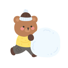 A cute bear running with a giant snowball