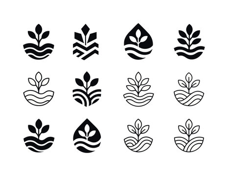 Urban Farming Icons. urban farming riptides. Icon set. Set Logo of urban farming riptides: resilient coastal microfarm emblem. harmonious logo variations of