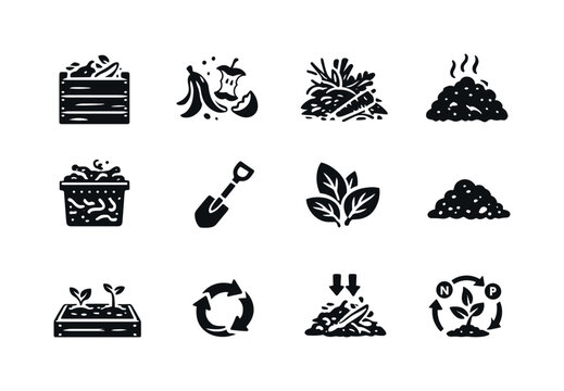 Composting Icon Set. Composting lifestyle. Solid icon set of Composting lifestyle: compost bin, food scraps icon, yard waste, compost pile, worm compost icon,