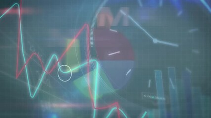 Animation of looping may texts with digital clock, infographic interface against abstract background - Powered by Adobe