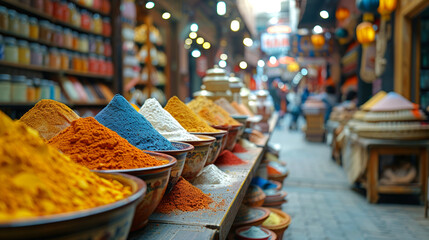 Busy festive trade in bright colored powders. Сoncept of colorful Indian Holi holiday. Copy space.