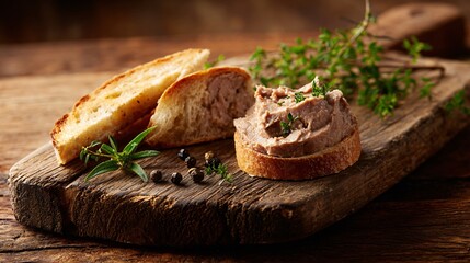 Duck rillettes on rustic wooden board, torn bread, natural textures