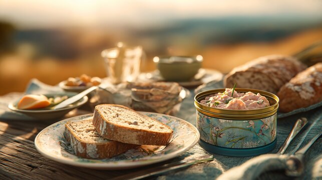 Duck rillettes picnic scene, enamel plates, countryside mood, soft afternoon light