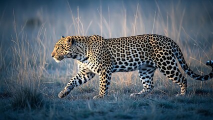Fototapeta premium Leopard in motion with majestic stride in soft morning light on savannah grass for wildlife documentary