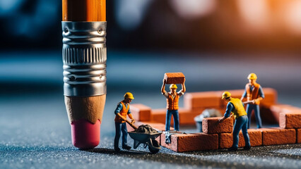 Tiny workers build a house bravely near pencil
