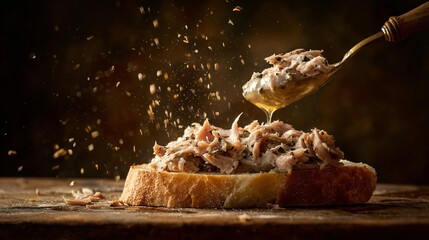 Duck rillettes spooned onto bread mid-action, dynamic realism