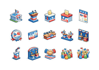 Obraz premium Colorful Political Icons. Political parties. Colorful isometric vector icons set of political parties: party building, podium, ballot box, campaign flyer,