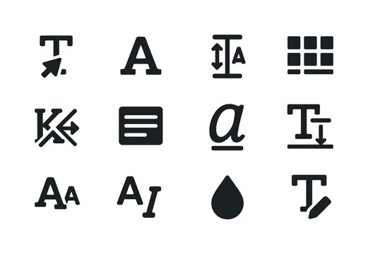 Typography Tools Icons. Typography tools. Solid icon set of typography tools: type tool, font icon, spacing tool, alignment grid, kerning tool, text box, glyph