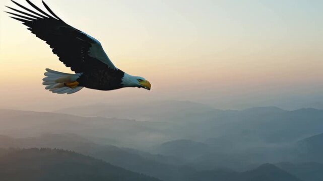 Cinematic aerial view of a majestic bald eagle soaring above rugged mountain peaks, wings fully extended, gliding gracefully dynamic clouds during golden hour, sunlight streaming feathers, wing flaps