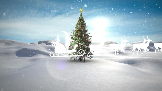 Animated Santa in sleigh with reindeers on green screen, snow falling.