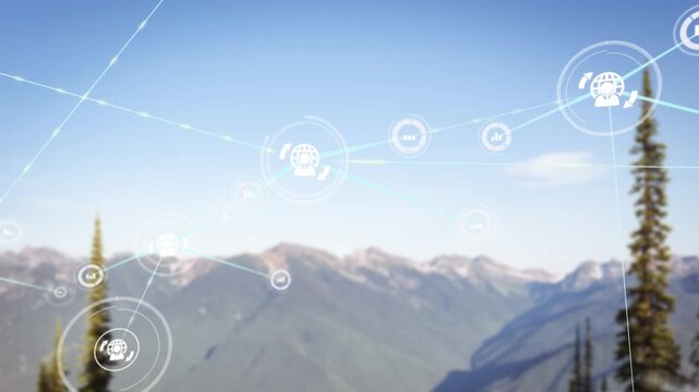 Animation of network of connections over drone with parcel over airport