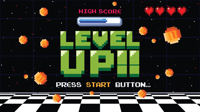 Level up screen. Retro pixel arcade machine 8 bit monitor press start play button vintage console 1980s.