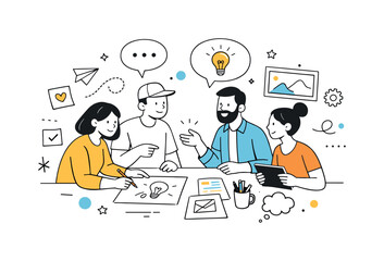 Creative Team Collaboration. Creative team discussion. Designers and strategists gathered around a table sharing sketches and ideas. Open collaborative mood