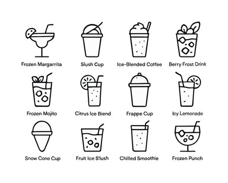 Frozen Drink Icons. Party drinks. Line icon set of frozen party drinks: frozen margarita, slush cup, ice-blended coffee, berry frost drink, frozen mojito,