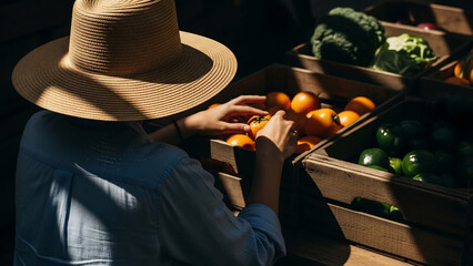 Woman carefully chooses vibrant fruits at market stall