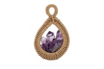 Amethyst crystal pendant wrapped in tan wire jewelry isolated on a transparent background