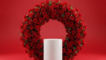 Elegant red rose wreath displayed against a bold red background