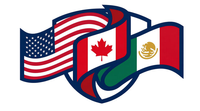 United states, canada, and mexico flags waving together in a symbolic display of north american unity isolated on white background