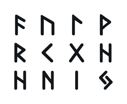 Ancient Rune Icons. Ancient runes. Solid icon set of ancient runes: fehu rune, uruz rune, thurisaz rune, ansuz rune, raidho rune, kenaz rune, gebo rune, wunjo