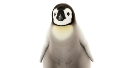 Isolated emperor penguin chick posing upright with fluffy plumage and pale yellow patch