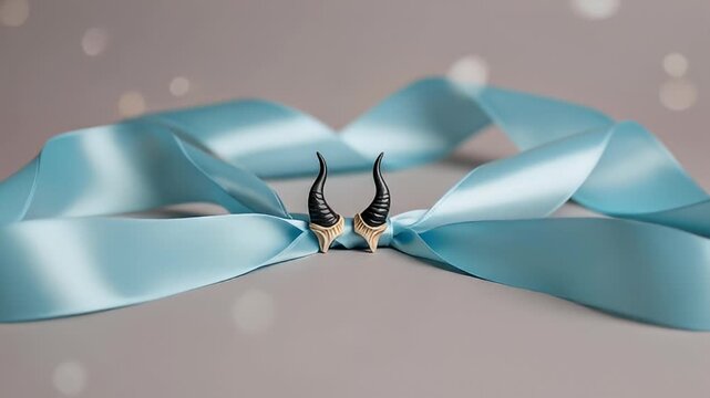 Elegant Horn Earrings Adorned with Blue Ribbon.