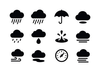 Heavy Rain Icons. Heavy rain clouds. Solid icon set of Heavy rain clouds: thick cloud, rain streaks, umbrella symbol, puddle icon, drizzle lines, heavy cloud