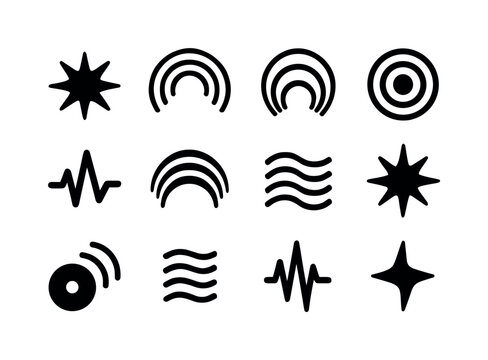 Black Sound Icons. Sound energy motifs. Solid icon set of sound energy motifs: burst ring, expanding ripple, radiating arc, concentric circles, pulse point,