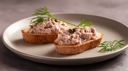 Sardine rillettes on crisp toast, minimalist overhead composition