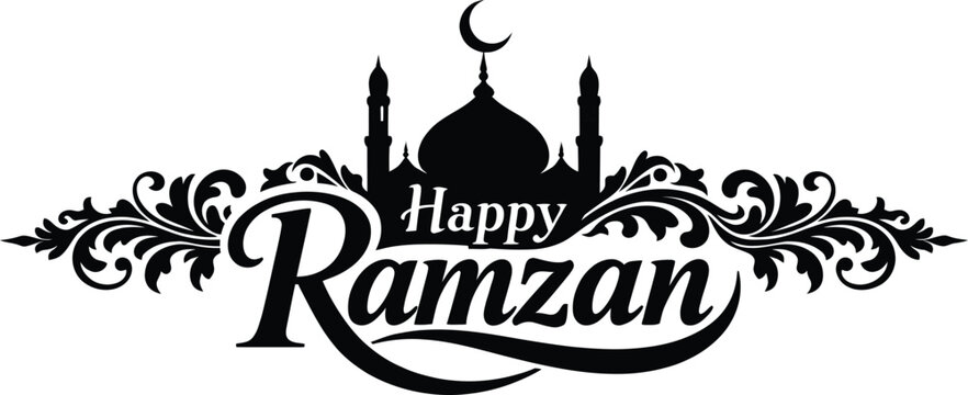 Happy Ramzan Black Calligraphy with Mosque Silhouette and Ornate Swirls Vector