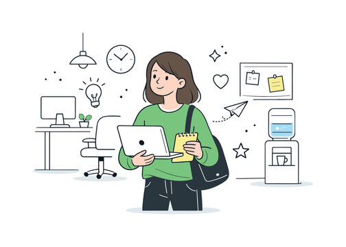 New Hire Exploration. First day at work experience. New hire exploring workspace with laptop and notes, calm curiosity and positive energy. Open space and