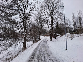 Snow-covered pedestrian path winding through a quiet winter landscape with bare trees and soft overcast light. The icy trail and muted tones create a calm, atmospheric scene of seasonal urban nature.
