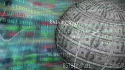 Animation of changing numbers and binary coding over globe of american dollar bills spinning - Powered by Adobe