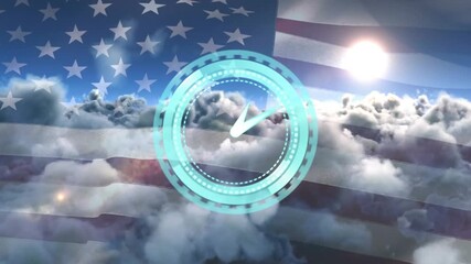 Animation of clock with rotating arrows over uk flag and cloudy sky - Powered by Adobe