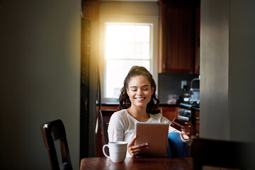 House, credit card and woman with tablet, ecommerce and digital app for online banking. Discount deal, coffee and person in lounge, fintech and email notification for payment, investment and savings