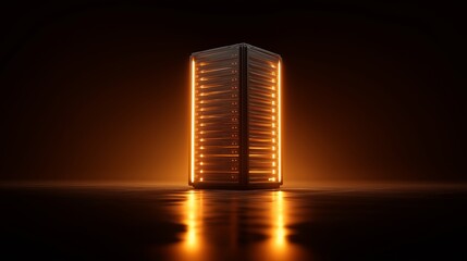 Backend server structure with soft amber light at center in a dark room