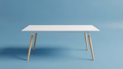 Minimalist white table with wooden legs on blue background