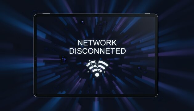 Tablet screen showing a network disconnected message with a fragmented wi fi symbol, illustrating technical issues, internet problems, signal loss, and digital communication failures